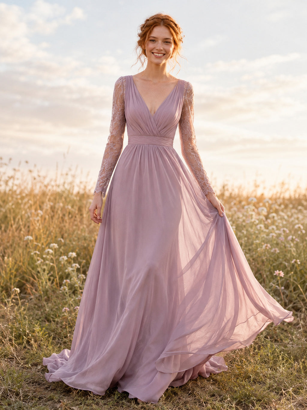 Mauve V Neck Long Sleeve Pleated Chiffon A Line Wedding Gown front view