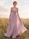 Mauve V Neck Long Sleeve Pleated Chiffon A Line Wedding Gown front view