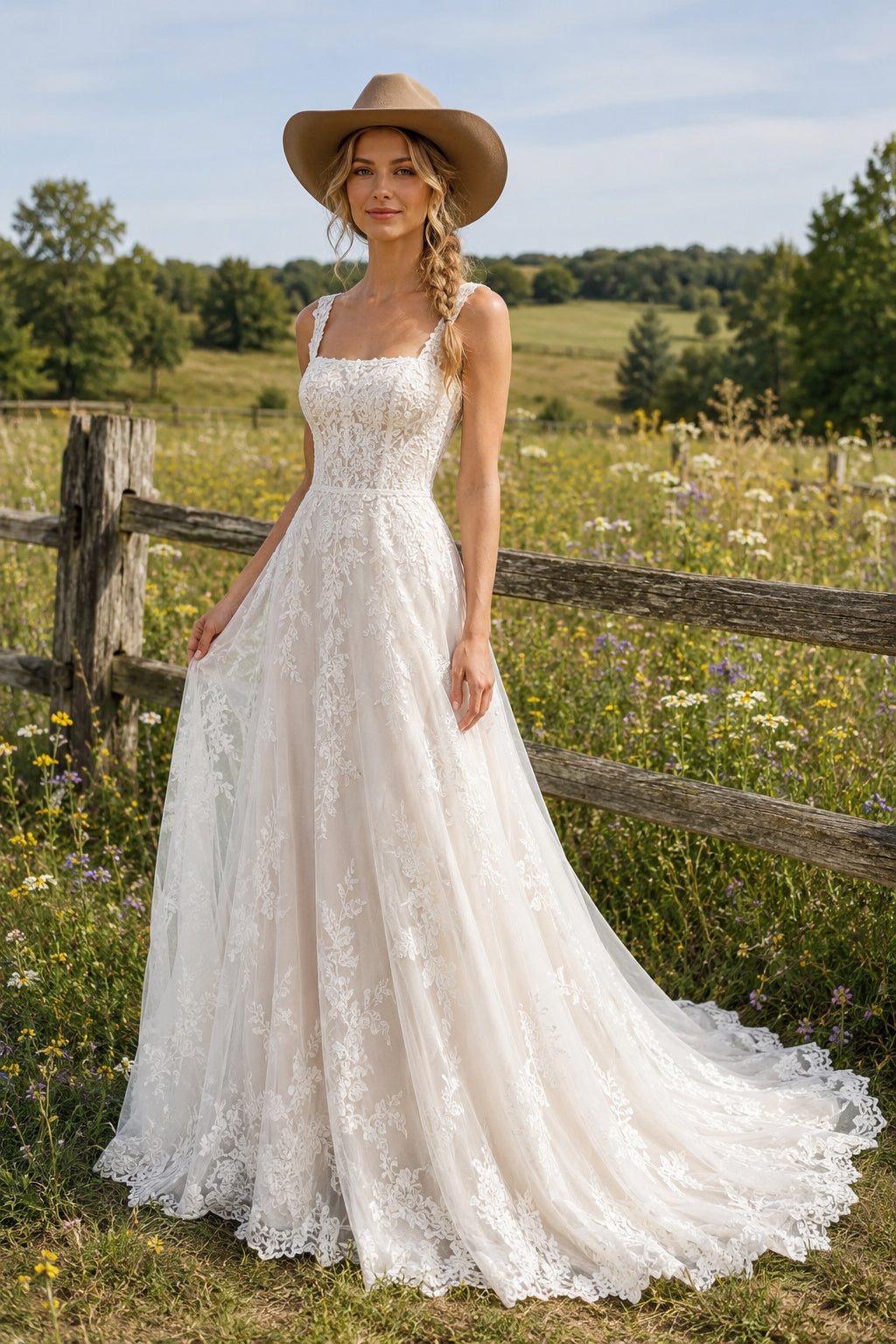 Square Neck Strap A-Line Wedding Dress with Allover Lace and Sweep Train for Rustic Garden Ceremony front view