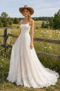 Square Neck Strap A-Line Wedding Dress with Allover Lace and Sweep Train for Rustic Garden Ceremony front view