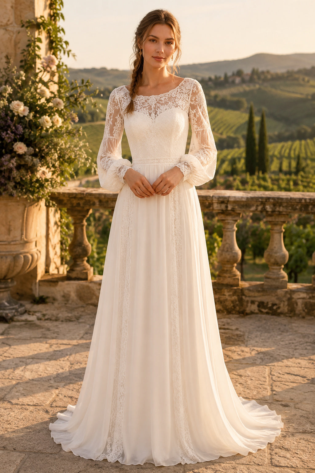 High Neck Long Sleeve A-Line Wedding Dress with Lace Bodice and Chiffon Train for Beach Garden Ceremony Style MG_701253 front