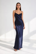 Dark Navy Cowl Neck Satin Sheath Formal Dress front view