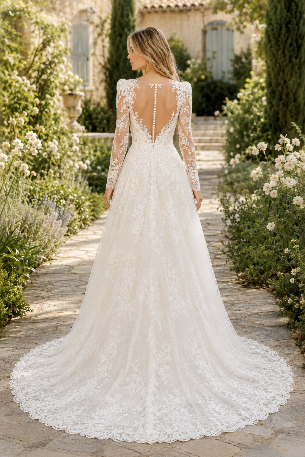 Ivory Long Sleeve Illusion Lace A-Line Wedding Dress with V-Neck and Train back view