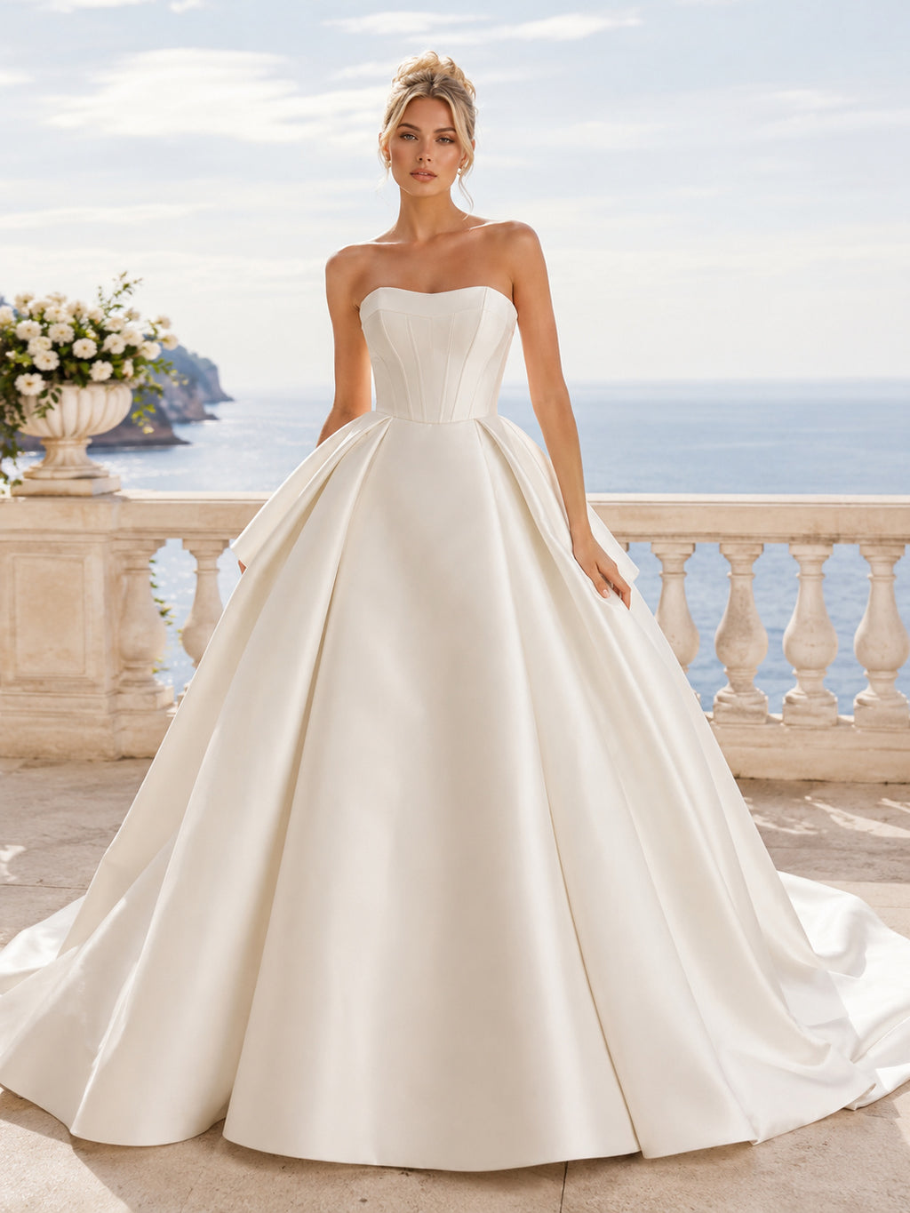 Minimalist Satin Wedding Dress Ball Gown Strapless Sweep Train Bridal Gown Style 722429 front view
