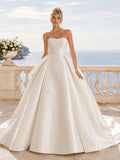 Minimalist Satin Wedding Dress Ball Gown Strapless Sweep Train Bridal Gown Style 722429 front view