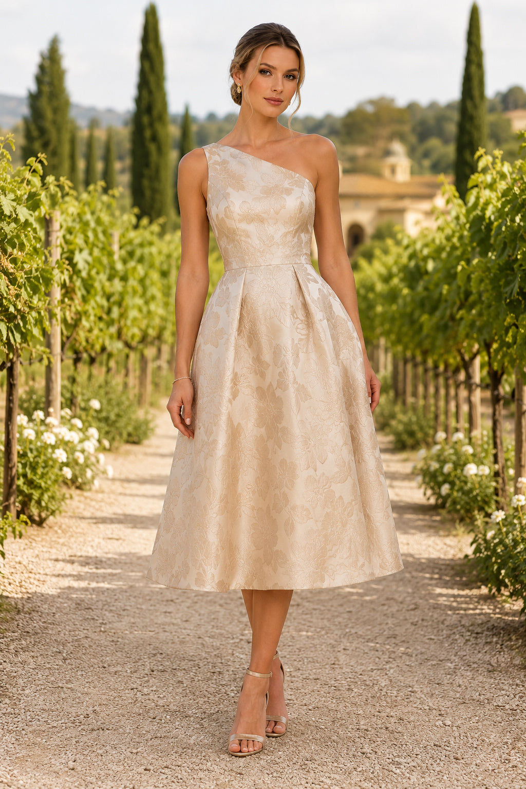 Champagne One-Shoulder Jacquard Tea-Length Dress front view