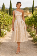 Champagne One-Shoulder Jacquard Tea-Length Dress front view