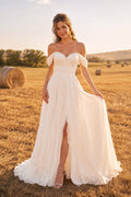 Off the Shoulder A-Line Wedding Dress with Sweetheart Neck and Front Split Skirt front view
