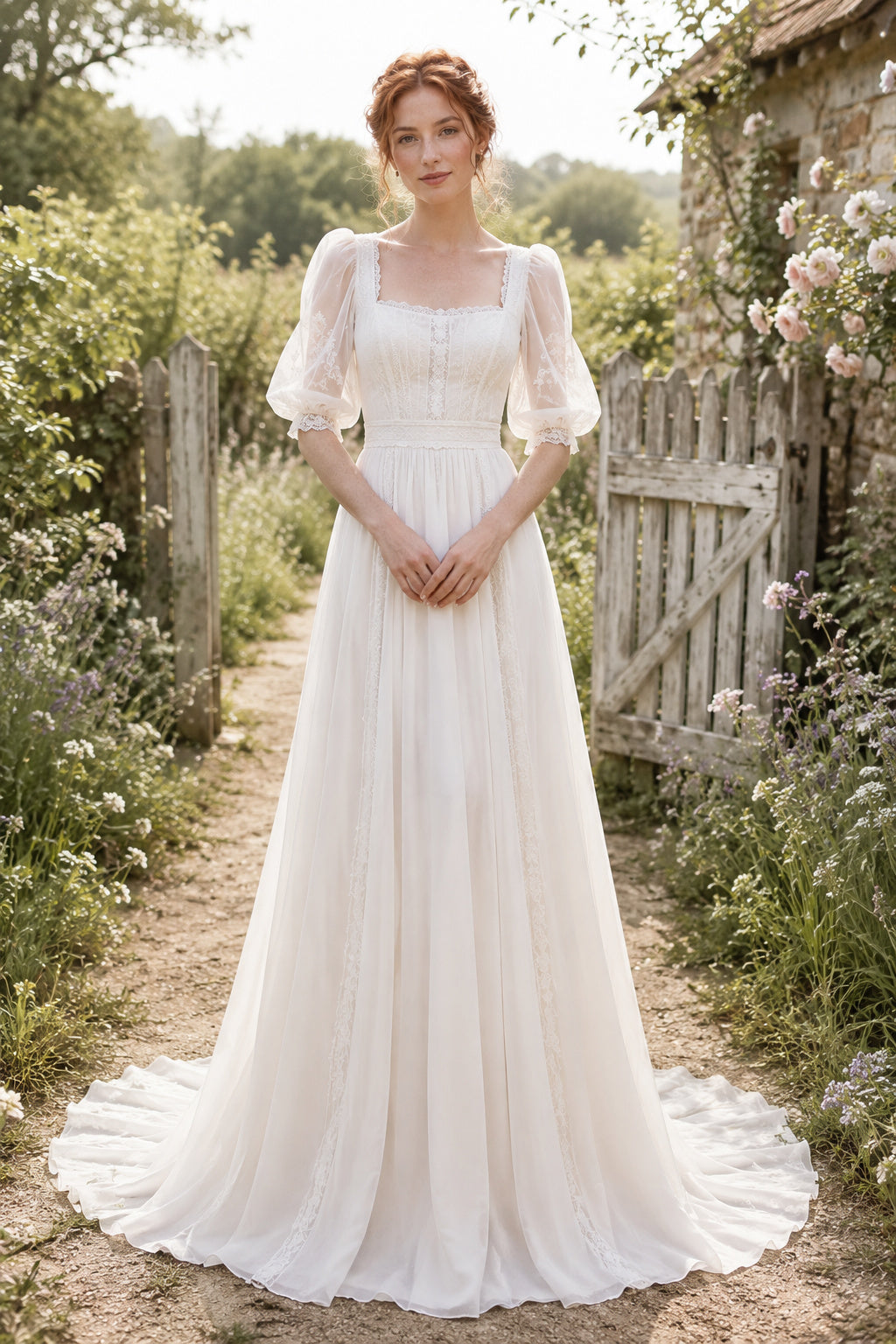 Square Neck Puff Sleeve A-Line Wedding Dress with Lace Bodice and Flowing Tulle Train front view