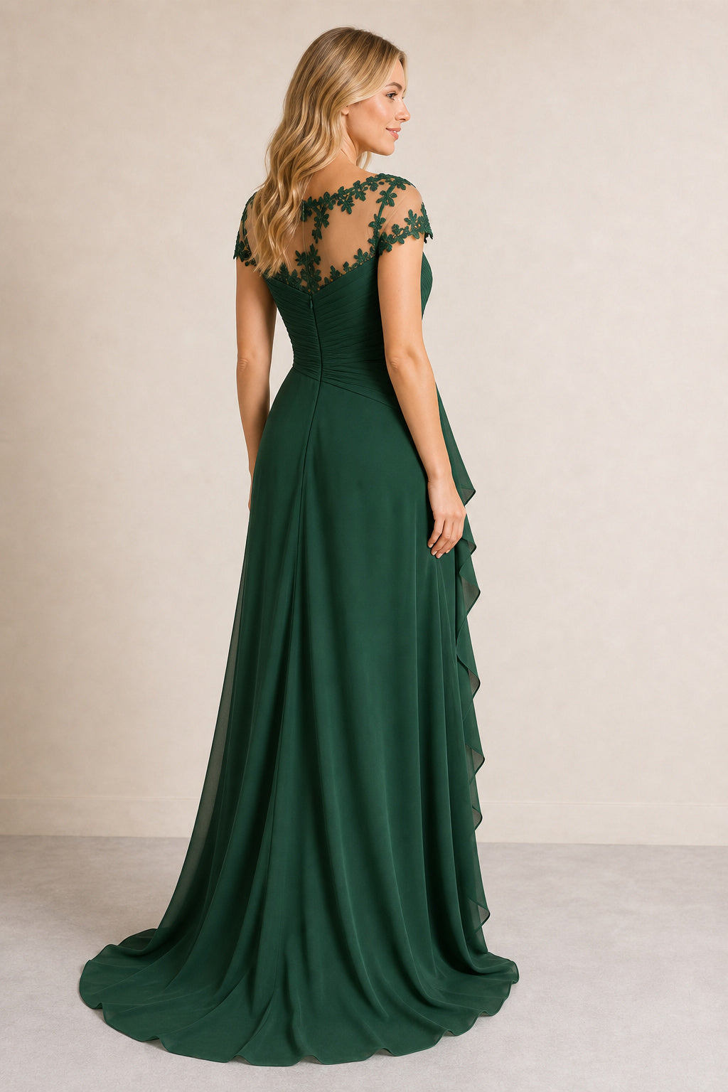 Emerald Bateau Cap Sleeve Sheath Chiffon Floor-Length Dress With Lace Bodice