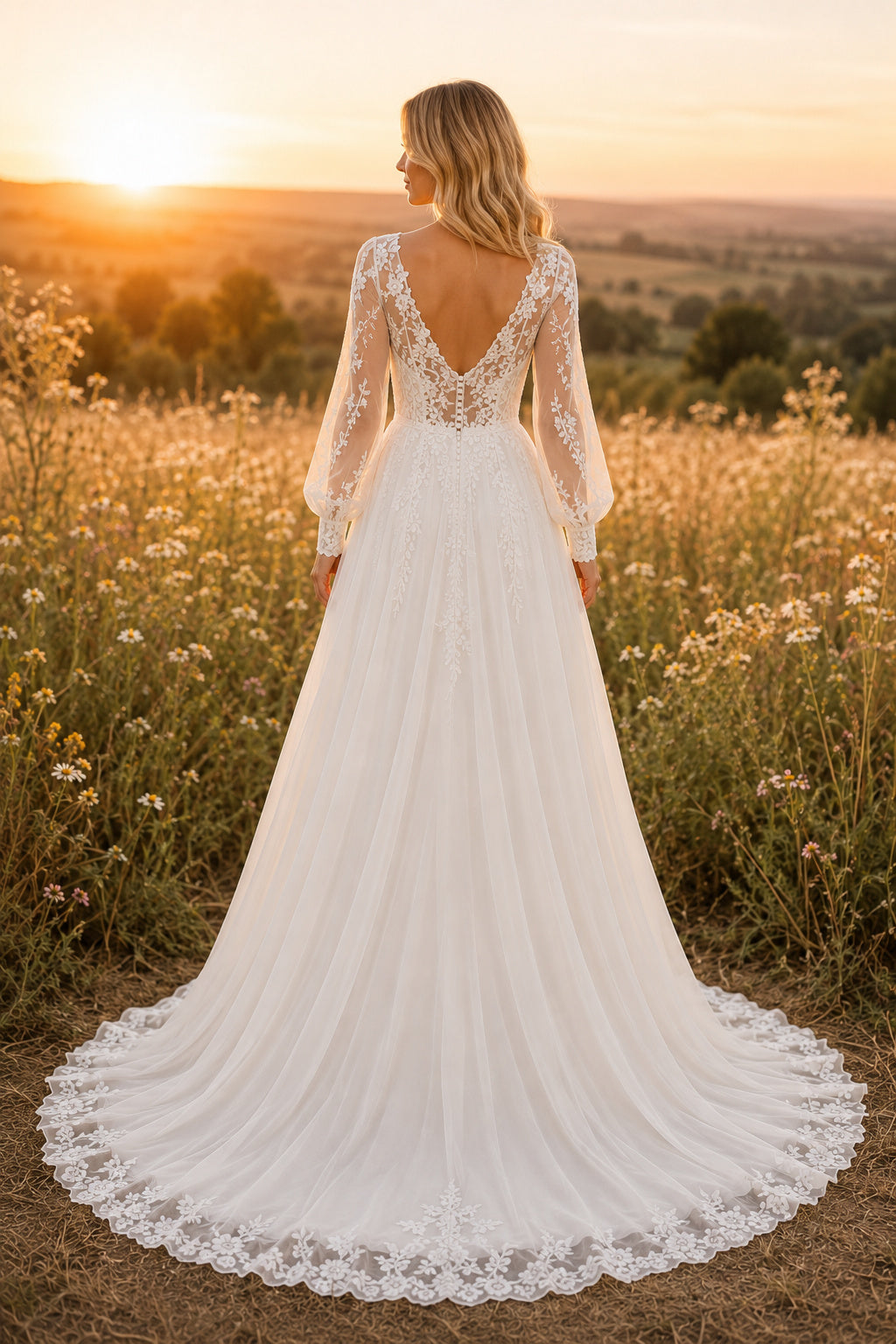 Ivory Long Sleeve Lace Bodice A-Line Wedding Dress with Chiffon Skirt Style MG_700394 back view