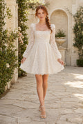 Ivory Square Neck Lace Mini Wedding Dress with Long Illusion Sleeves and A-Line Skirt front view