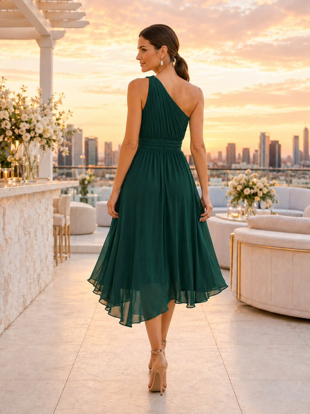 Emerald One Shoulder Chiffon Tea Length A Line Wedding Guest Dress back view