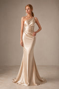 Champagne One-Shoulder Satin Mermaid Evening Dress with Draped Bodice front view