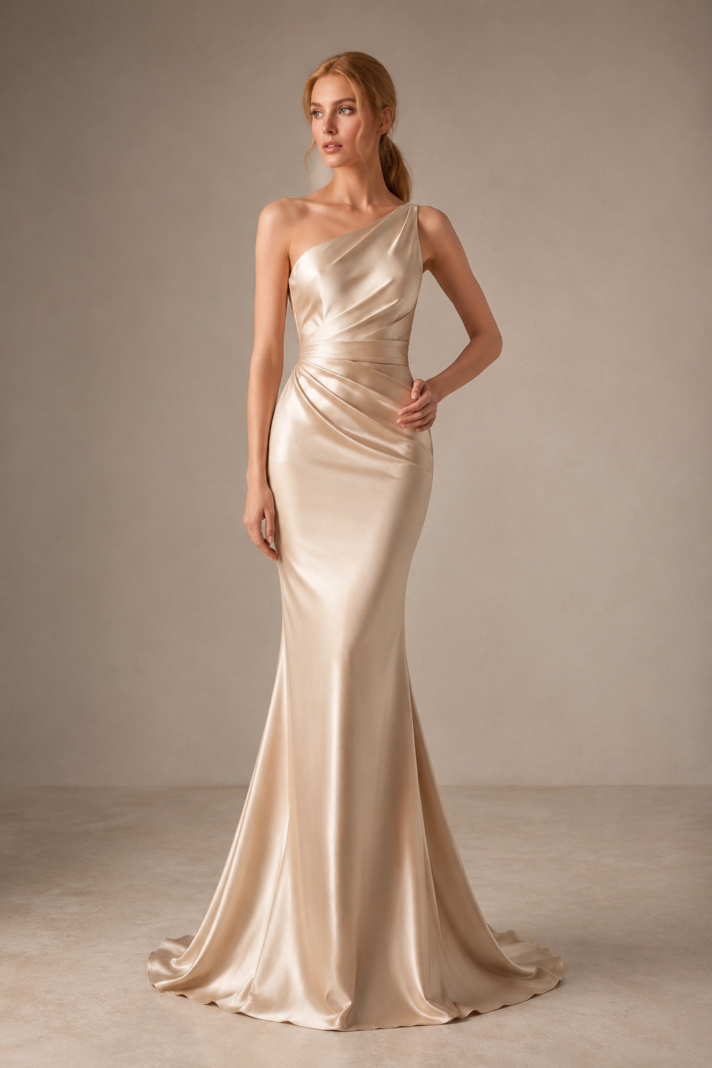 Champagne One-Shoulder Satin Mermaid Evening Dress with Draped Bodice front view