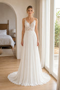 White Scoop Three-Quarter Sleeves Ball Gown Tulle Floor-length Wedding Dress With Open Back and Lace Bodice and Open Back