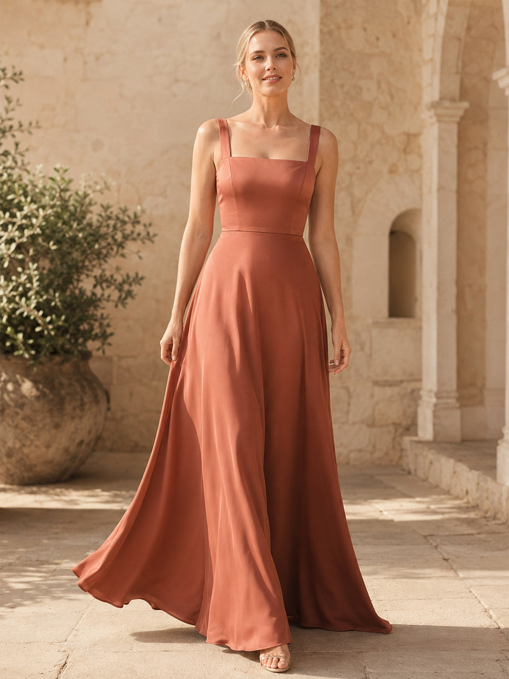 Terracotta square neck sleeveless satin floor length A-line bridesmaid dress front view