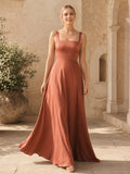 Terracotta square neck sleeveless satin floor length A-line bridesmaid dress front view