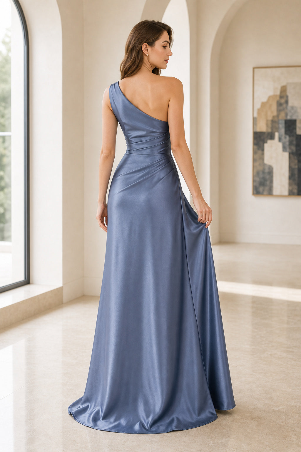 Dusty Blue One-Shoulder Sheath Satin Floor-Length Dress With Side Drape