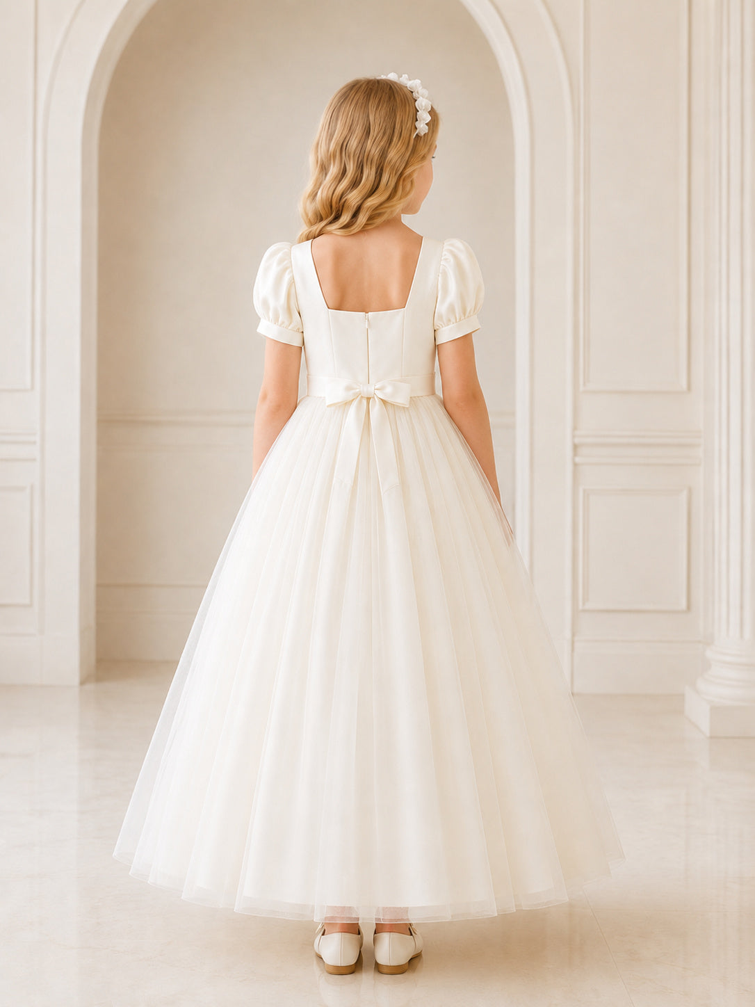White Square Neck Puff Sleeve Tulle Tea Length Communion Dress back view