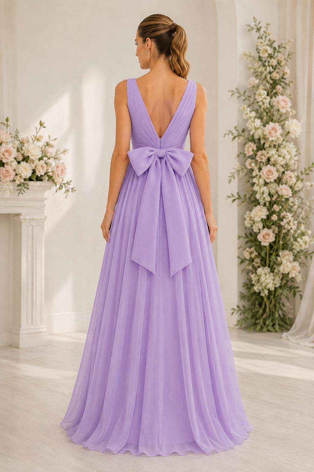 Lavender V Neck Sleeveless Chiffon Dress with Bow Back Floor Length A-Line Bridesmaid Dress back view