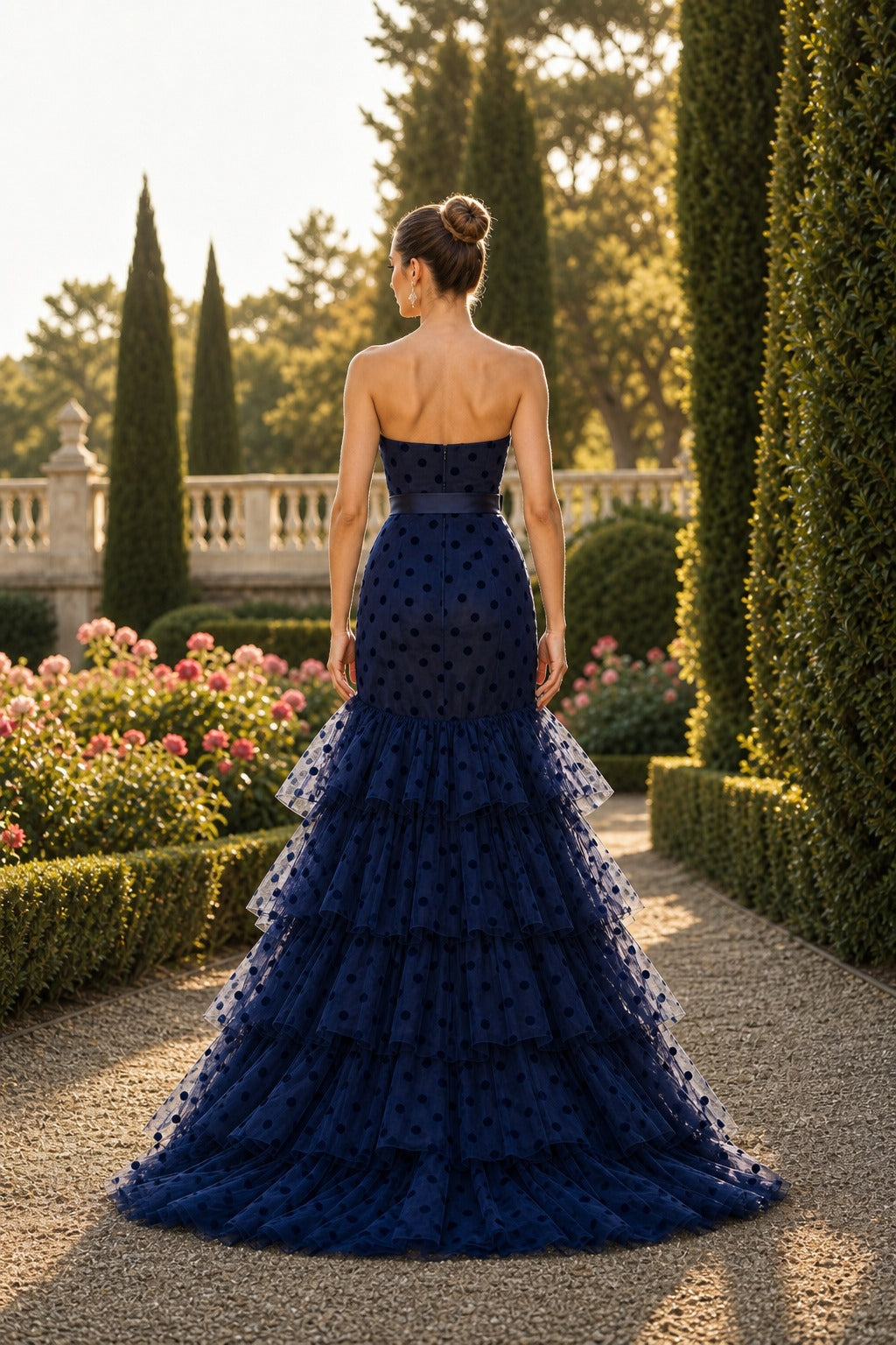 Navy Strapless Tiered Mermaid Tulle Dress
