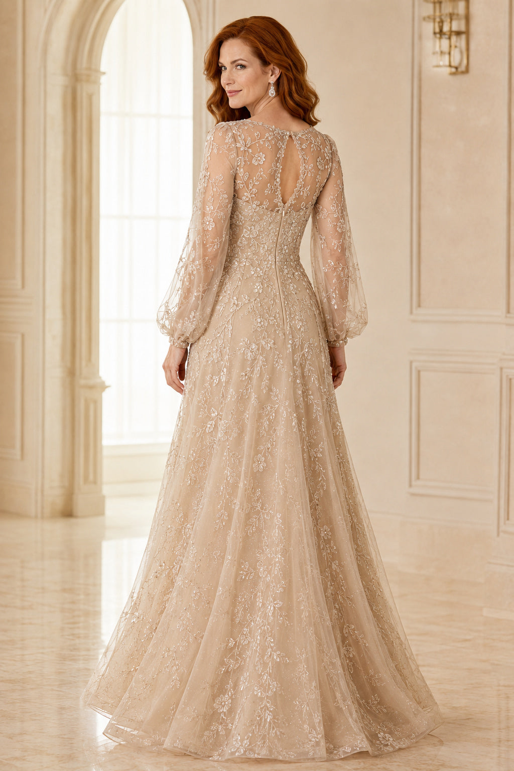 Champagne Long Sleeve V-Neck Tulle A-Line Mother Dress with Floral Lace Appliques back view