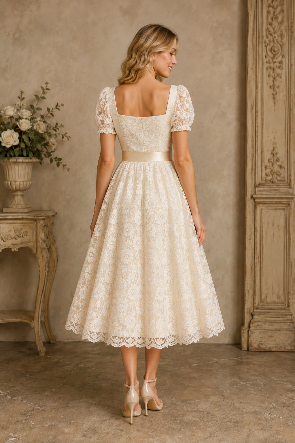 Ivory Square Neck Puff Sleeve Allover Lace Dress Tea Length A-Line Wedding Dress back view