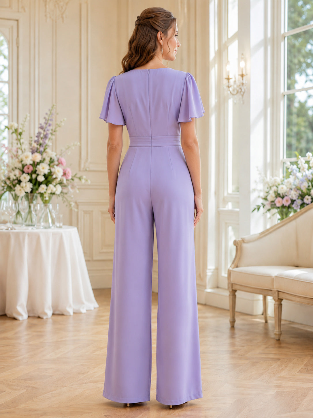 Elegant Lavender Mother Jumpsuit Floor Length Wrap V Neck Flutter Sleeve Outfit back view
