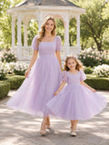 Matching Lavender Square Neck Puff Sleeve Tulle Midi Dresses front view