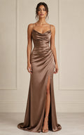 Mocha Satin Formal Dress with Cowl Neck High Slit Sheath Gown front view