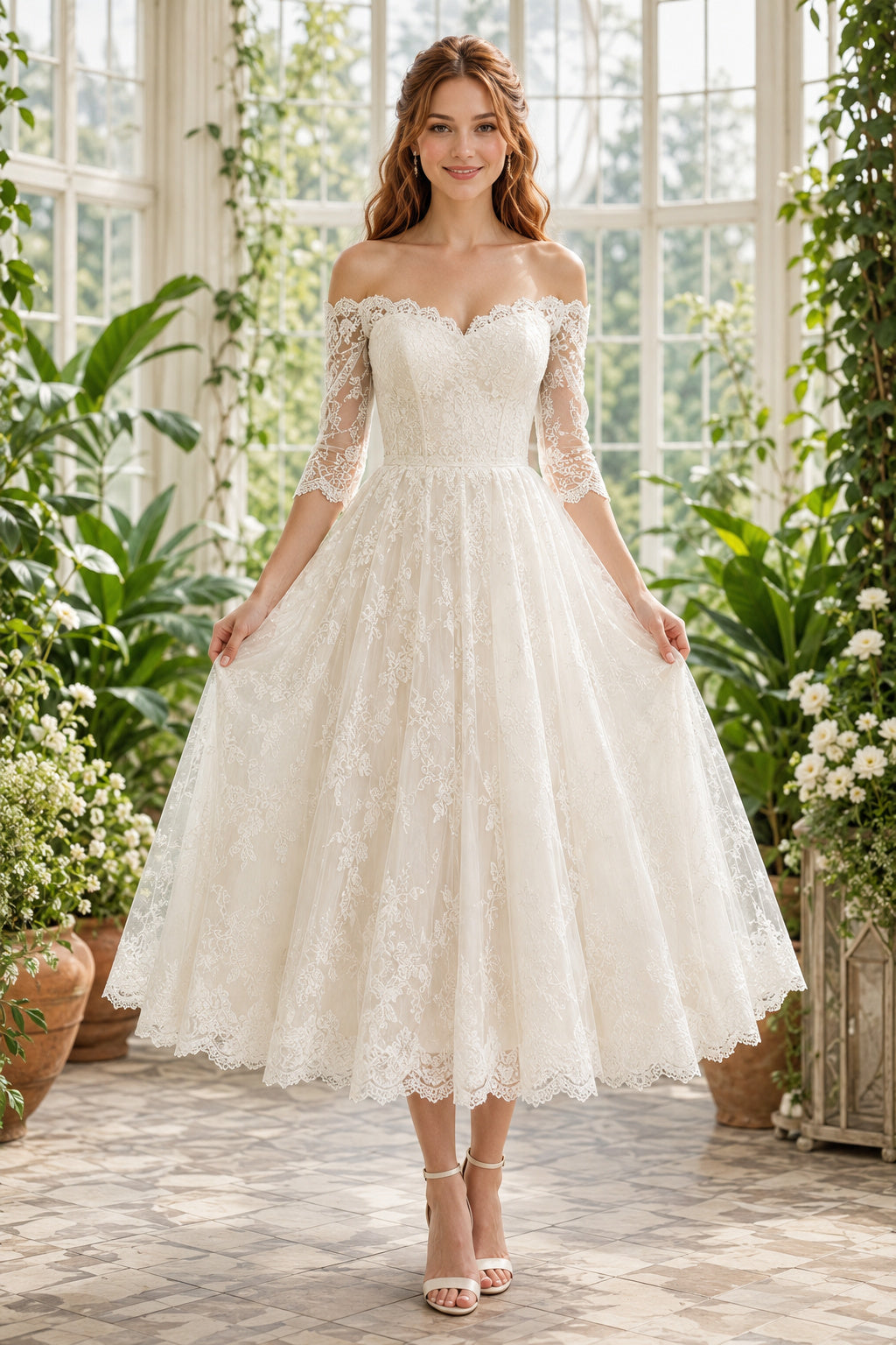 Ivory Off Shoulder Lace Tea Length Wedding Dress Half Sleeve for Wedding Reception and Party front view