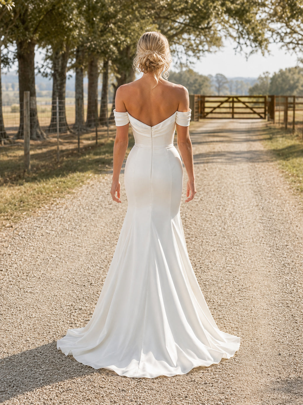 Country Simple Modern Sexy Sheath Satin Wedding Dress with Off Shoulder Sweetheart Sleeveless Floor-Length Train Split Skirt