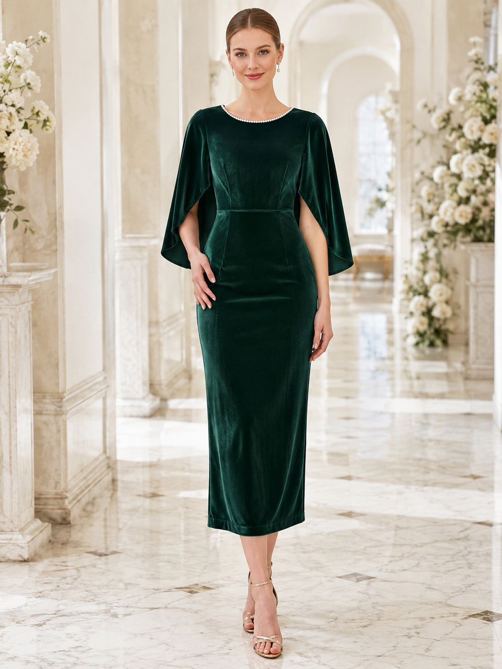 Dark Green Bateau Pearl Neck Bell Sleeve Velvet Guest Dress front view