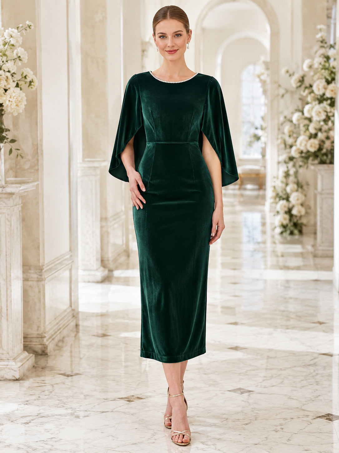 Dark Green Bateau Pearl Neck Bell Sleeve Velvet Guest Dress front view
