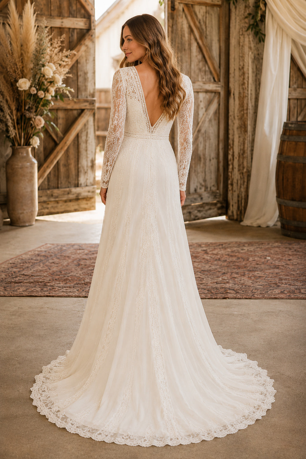 Ivory Boho V-Neck A-Line Chiffon Lace Wedding Dress with Long Lace Sleeves and Court Train back view