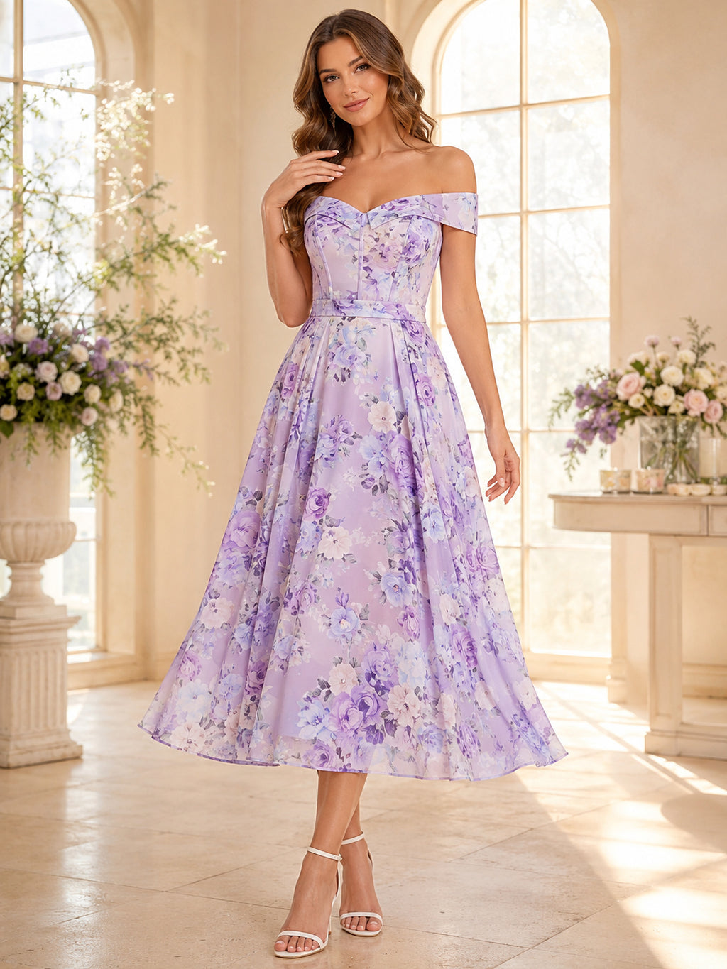 Lavender Floral Maternity Guest Off-Shoulder Satin A-Line Tea-Length Dress front view