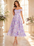 Lavender Floral Maternity Guest Off-Shoulder Satin A-Line Tea-Length Dress front view