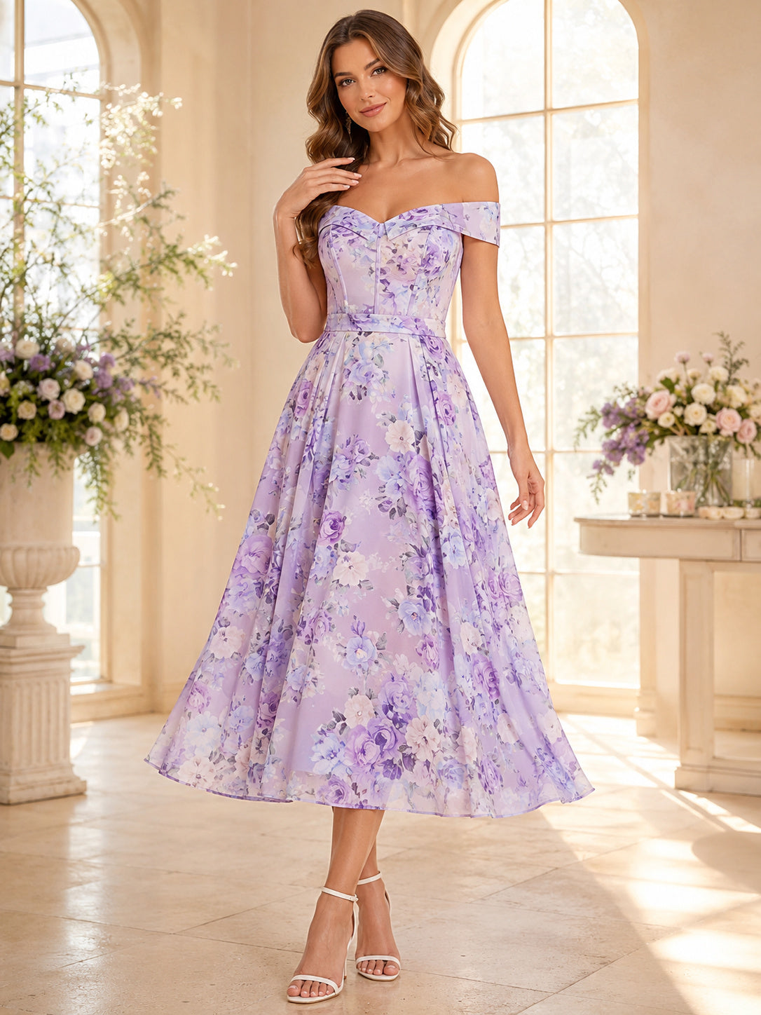 Lavender Floral Maternity Guest Off-Shoulder Satin A-Line Tea-Length Dress front view