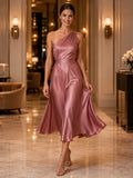 Mauve One Shoulder Satin Midi Cocktail Guest Dress front view