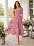 Farmhouse Dusk Square Neck Chiffon A-Line Tiered Tea-Length Puff Sleeve Dress front view
