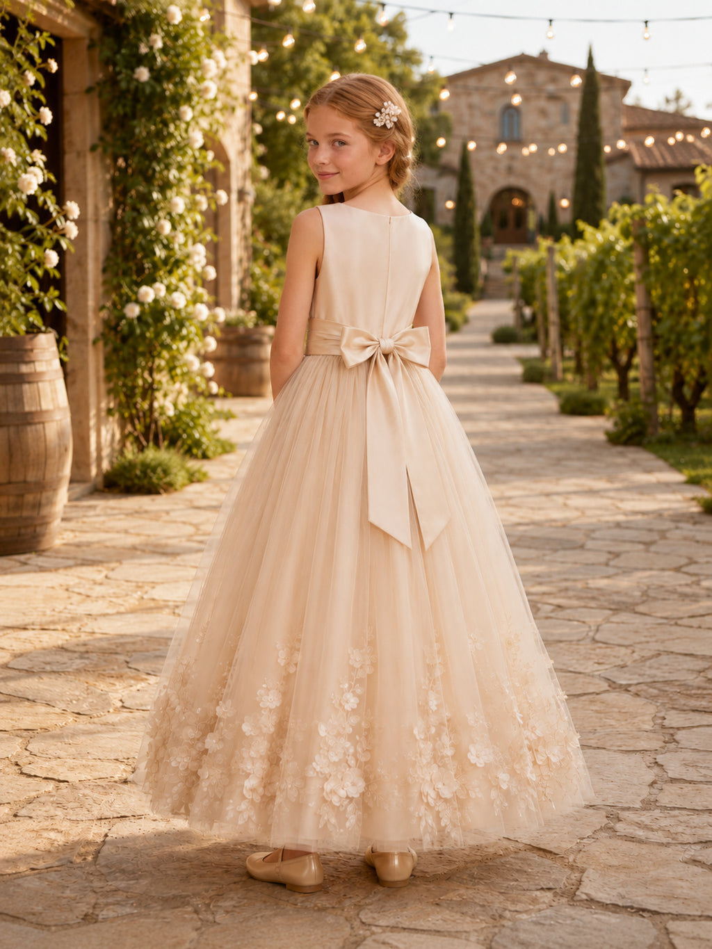 Champagne Ankle-Length A-Line Flower Girl Dress with Sleeveless Satin Bateau Bodice, Floral Tulle Hem, Bow and Zipper Back ba
