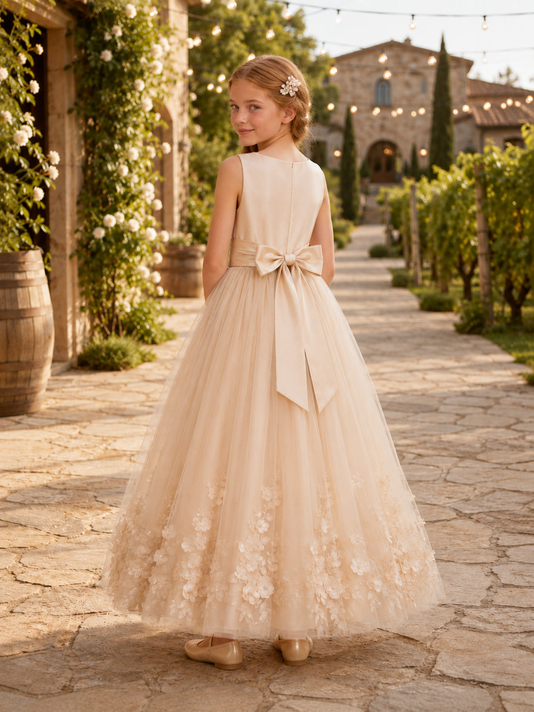 Champagne Ankle-Length A-Line Flower Girl Dress with Sleeveless Satin Bateau Bodice, Floral Tulle Hem, Bow and Zipper Back ba