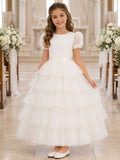 White Satin Tulle Jewel Neck Short Puff Sleeve Tiered Tulle Floor Length Communion Flowergirl Dress front view