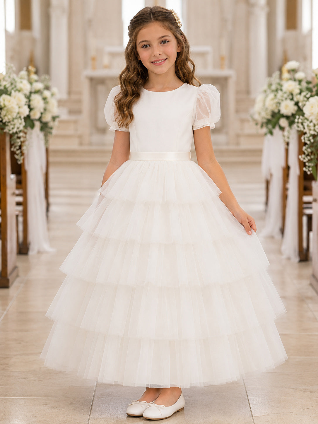 White Satin Tulle Jewel Neck Short Puff Sleeve Tiered Tulle Floor Length Communion Flowergirl Dress front view