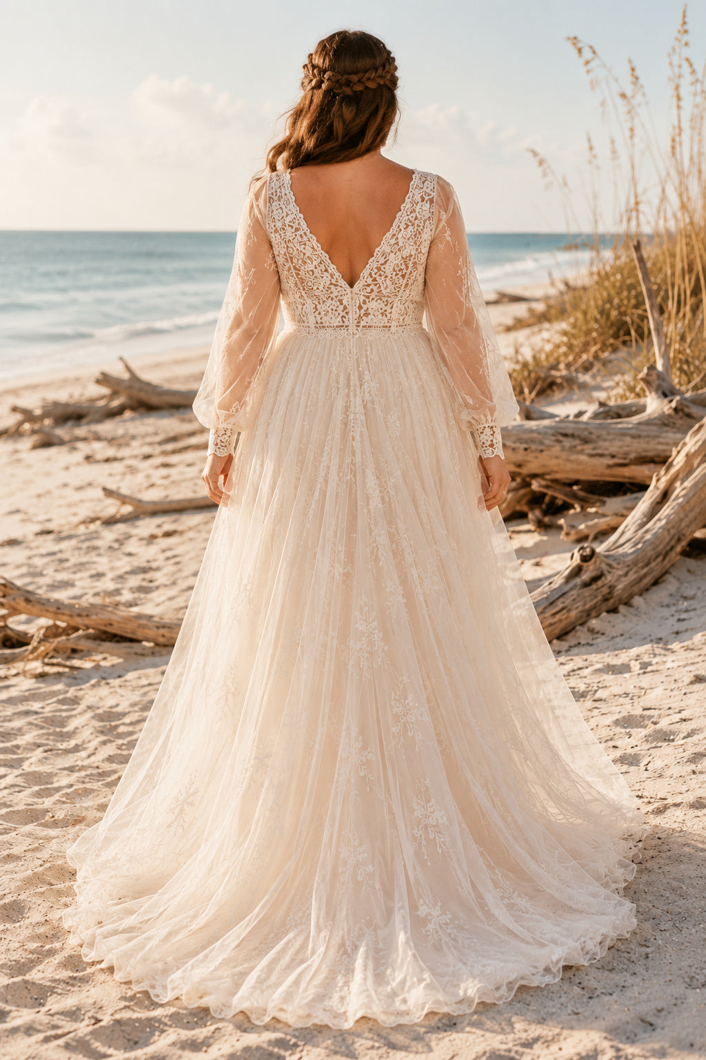 Plus Size V-Neck Long Sleeve Chiffon A-Line Beach Wedding Dress back view