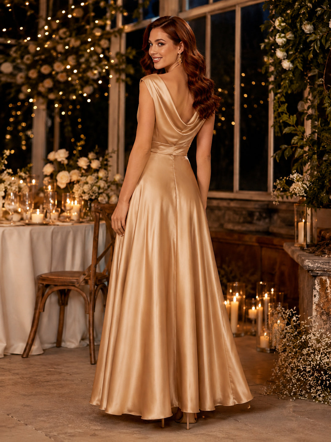 Champagne Cowl Neck Satin A Line Floor Length Guest Dress back view