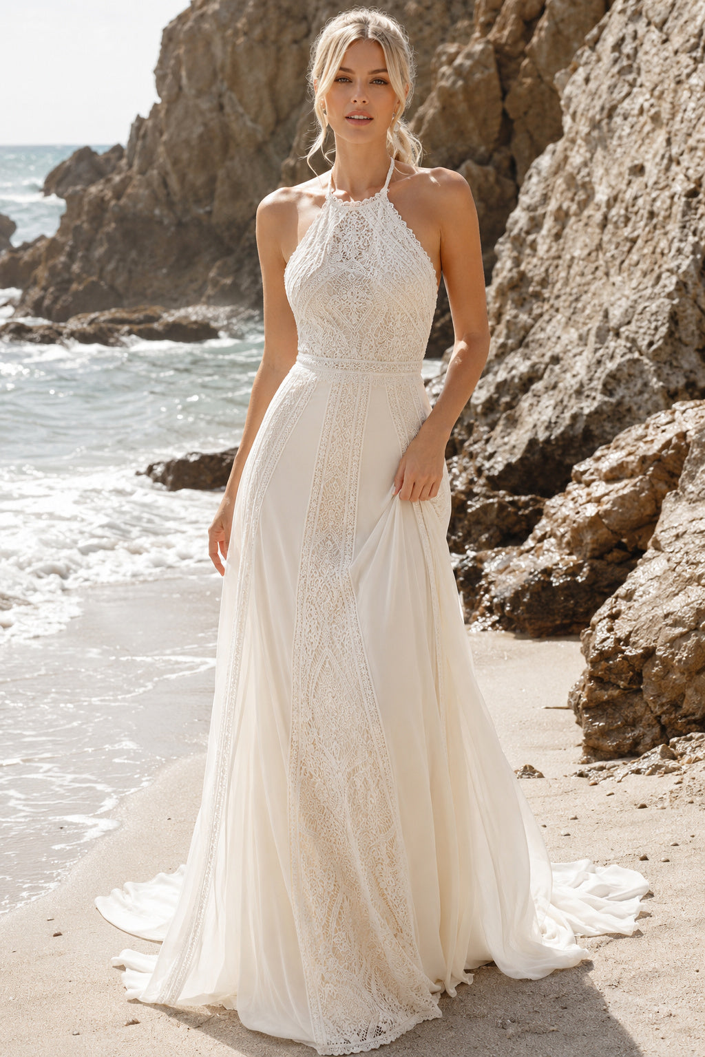 Ivory Halter High Neck Sheath Wedding Dress Open Back Train for Bridal Ceremony and Reception front view