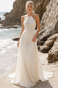 Ivory Halter High Neck Sheath Wedding Dress Open Back Train for Bridal Ceremony and Reception front view
