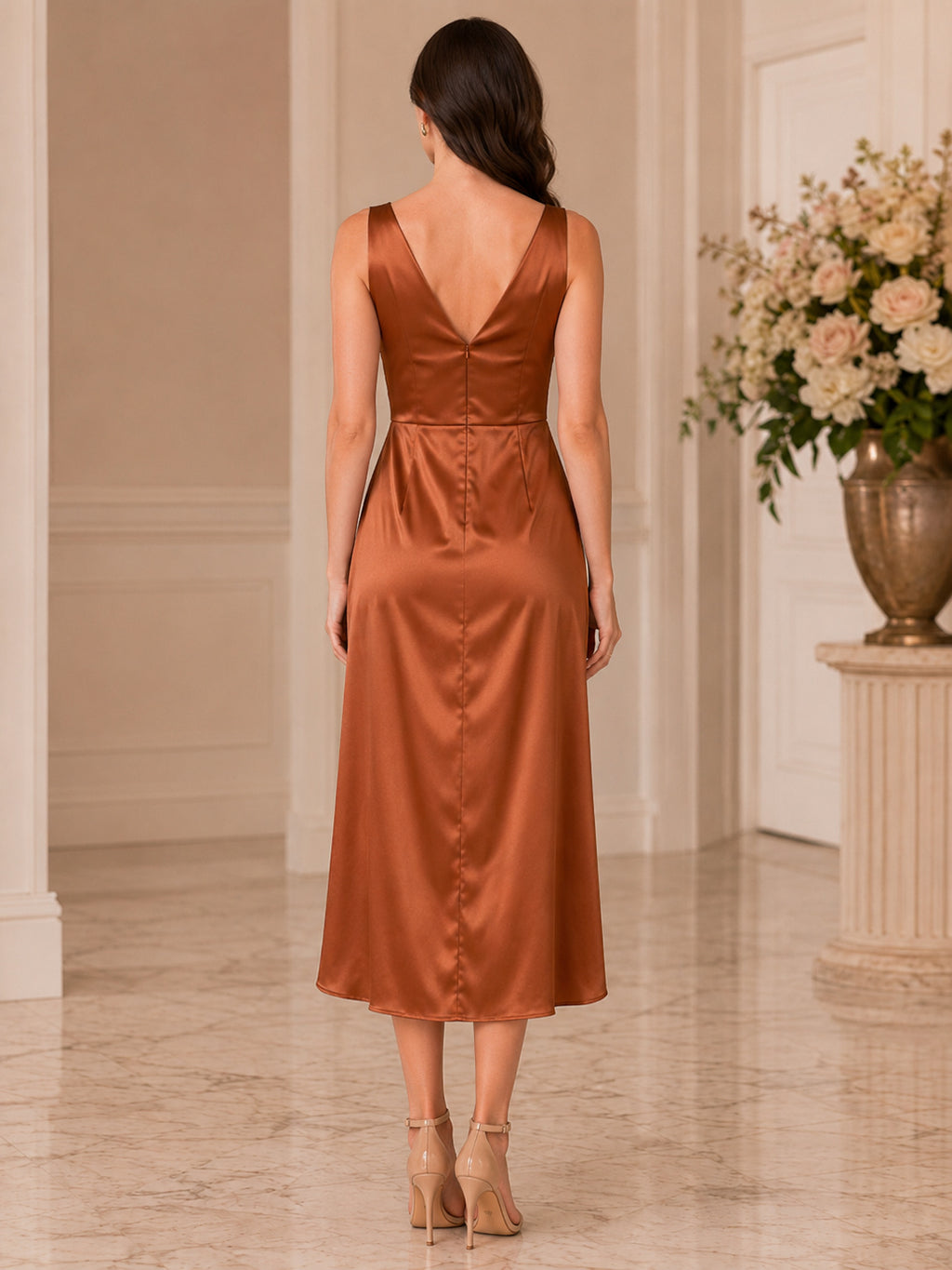 Brown Cowl Neck Wide Strap Satin Wrap Midi Guest Dress back view
